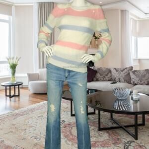 Vintage Green Lantern Pastel Pink Ivory Striped Knit Puffy Fluffy Sweater